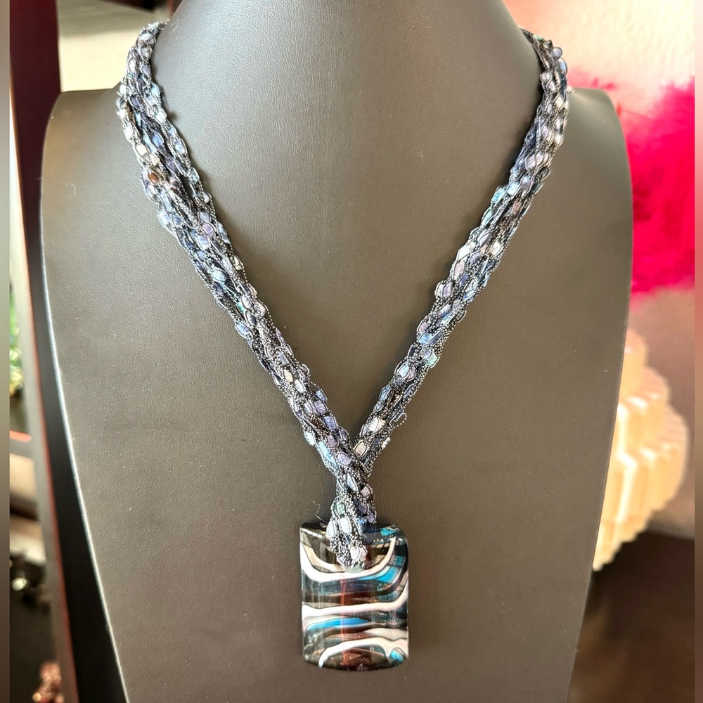 Artisan Dichroic Glass Wave Pendant on Fabric Necklace